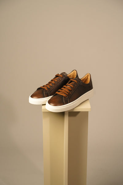 Brune melerede lædersneakers i kalveskind med hvid sål
