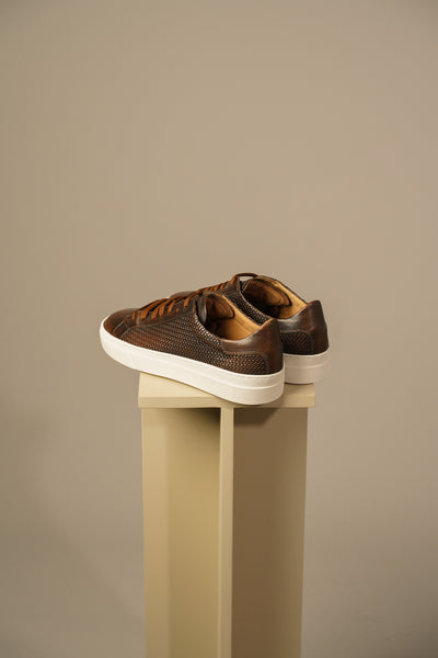 Brune melerede lædersneakers i kalveskind med hvid sål