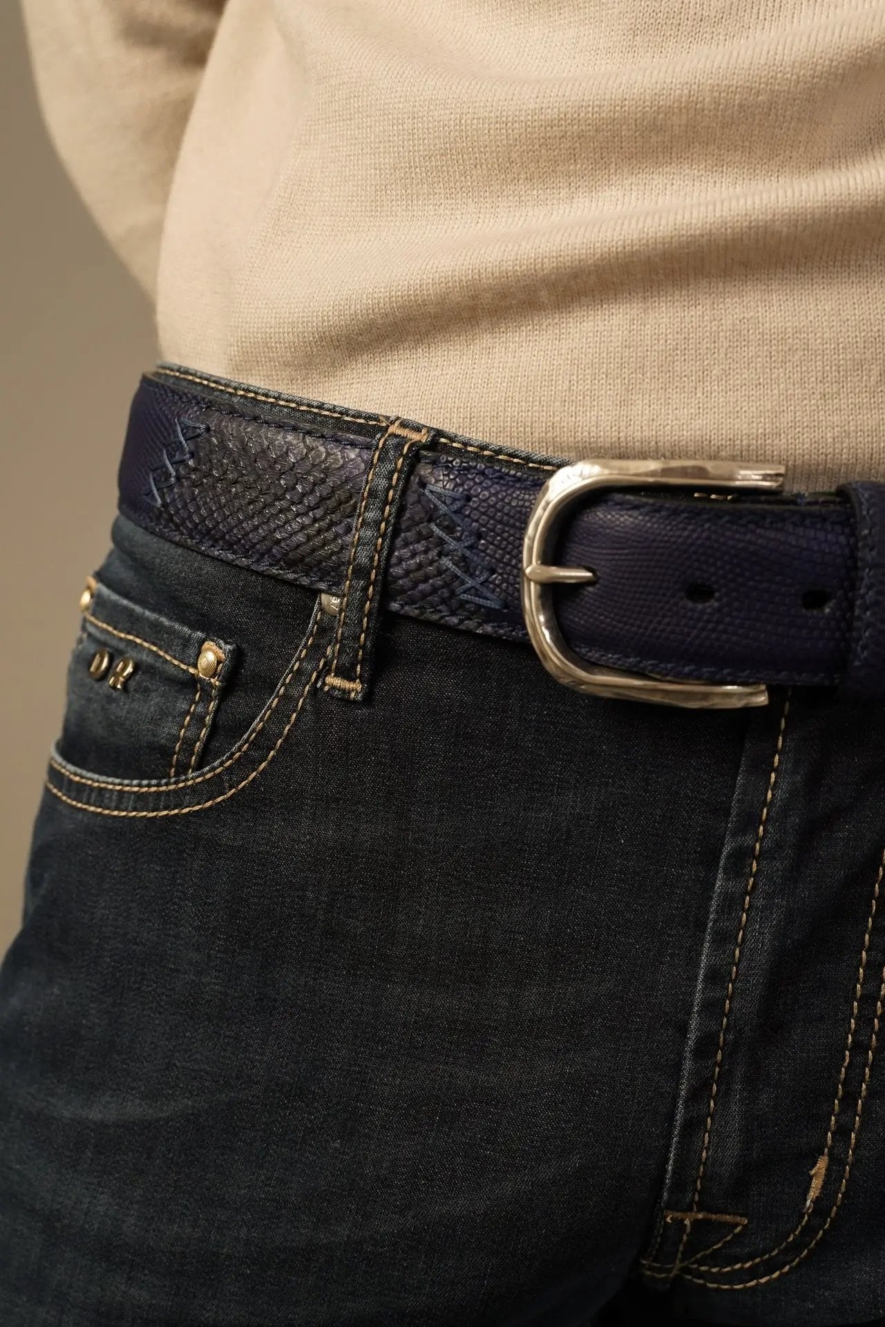 Paolo Vitale inkblå bælte i eksotisk skind Paolo Vitale